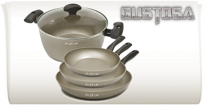 TVS Gustosa™ набор посуды: кастрюля Ø24см. с крышкой + сковороды Ø20см./24см./28см. с покрытием Plustek® Арт. GS2792N8